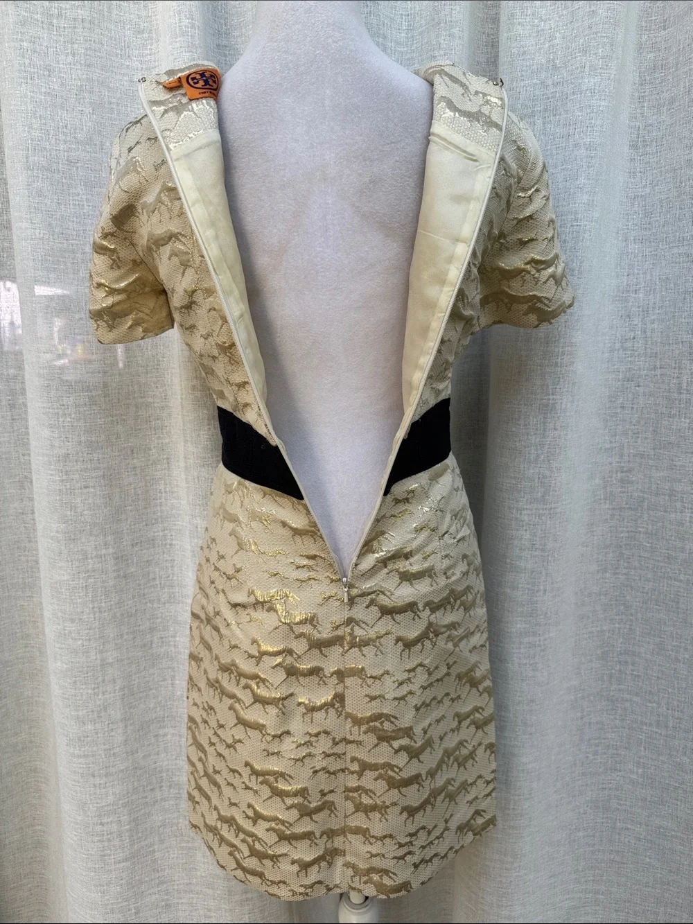 Tory Burch Mini Horses silk gold metallic jacquard dress with black ribbon belt